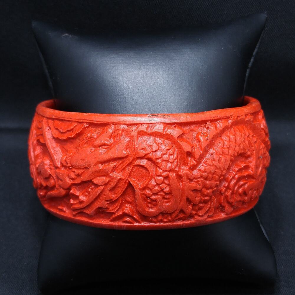 Vintage Red Carved Dragon Cinnabar Style Bangle Bracelet Wide